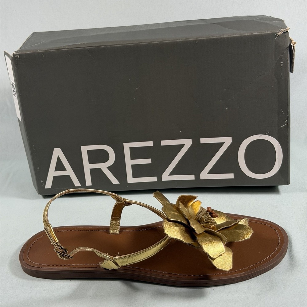 Arezzo Size-8.5B Womens Daisy Leather Slingback Flat Sandal Flower Gold